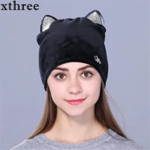 Xthree Flannelette Autumn Skullies Beanies for Women Winter Hat Cute Kitty Children Hat for Girls Gorras