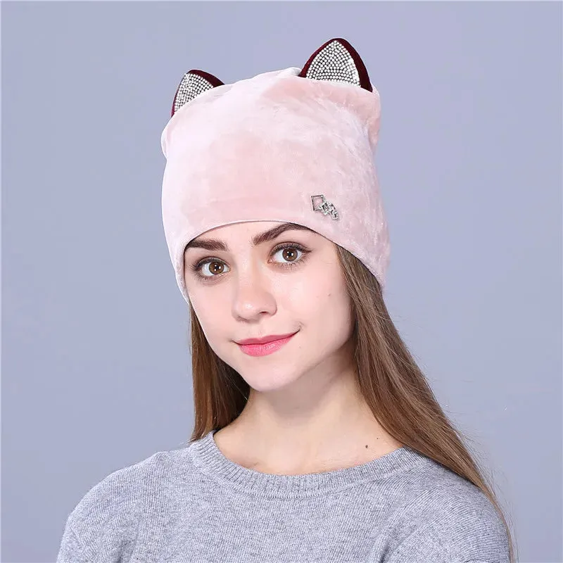 Xthree Flannelette Autumn Skullies Beanies for Women Winter Hat Cute Kitty Children Hat for Girls Gorras