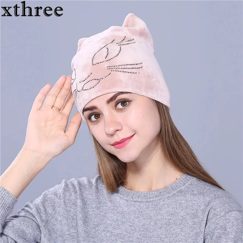 Xthree Flannelette Autumn Skullies Beanies for Women Winter Hat Cute Kitty Children Hat for Girls Gorras