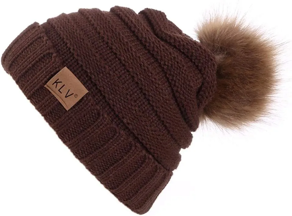 XUETON Men Women Winter Warm Knit Hat Slouchy Beanie Cap Chunky Faux Fur Pom Pom Hat Wool Snow Ski Caps Skull Hat (Coffee)