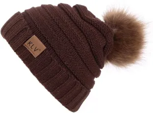 XUETON Men Women Winter Warm Knit Hat Slouchy Beanie Cap Chunky Faux Fur Pom Pom Hat Wool Snow Ski Caps Skull Hat (Coffee)