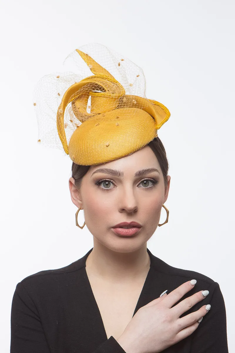 Yellow Cocktail Hat with Pleated Straw Bow and Veiling