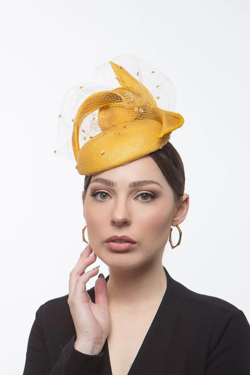 Yellow Cocktail Hat with Pleated Straw Bow and Veiling