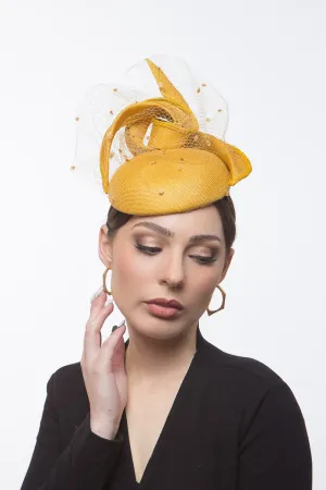 Yellow Cocktail Hat with Pleated Straw Bow and Veiling