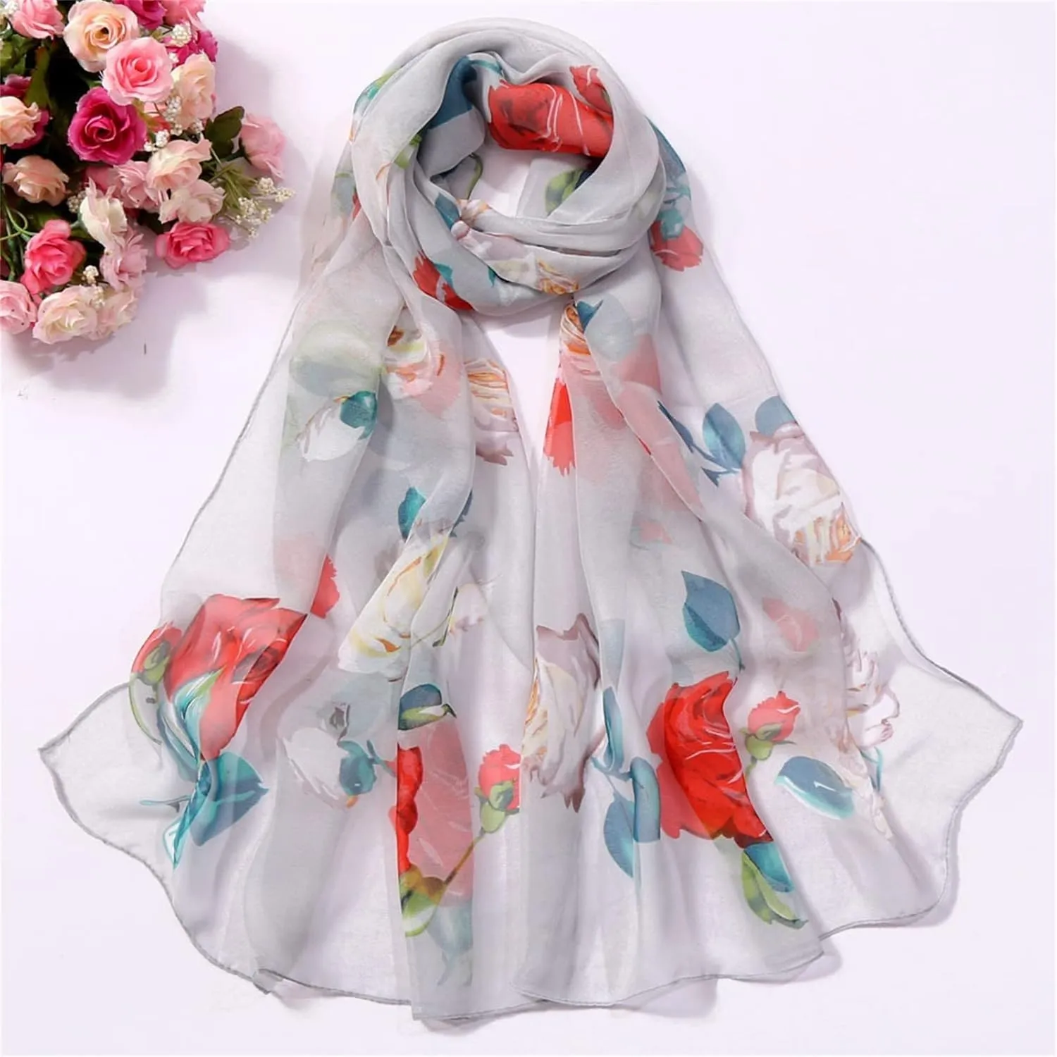 YOLAI Silk Chiffon Long Scarf For Women Fashion Scarves Lightweight Scarfs Print Floral Pattern Scarf Shawls
