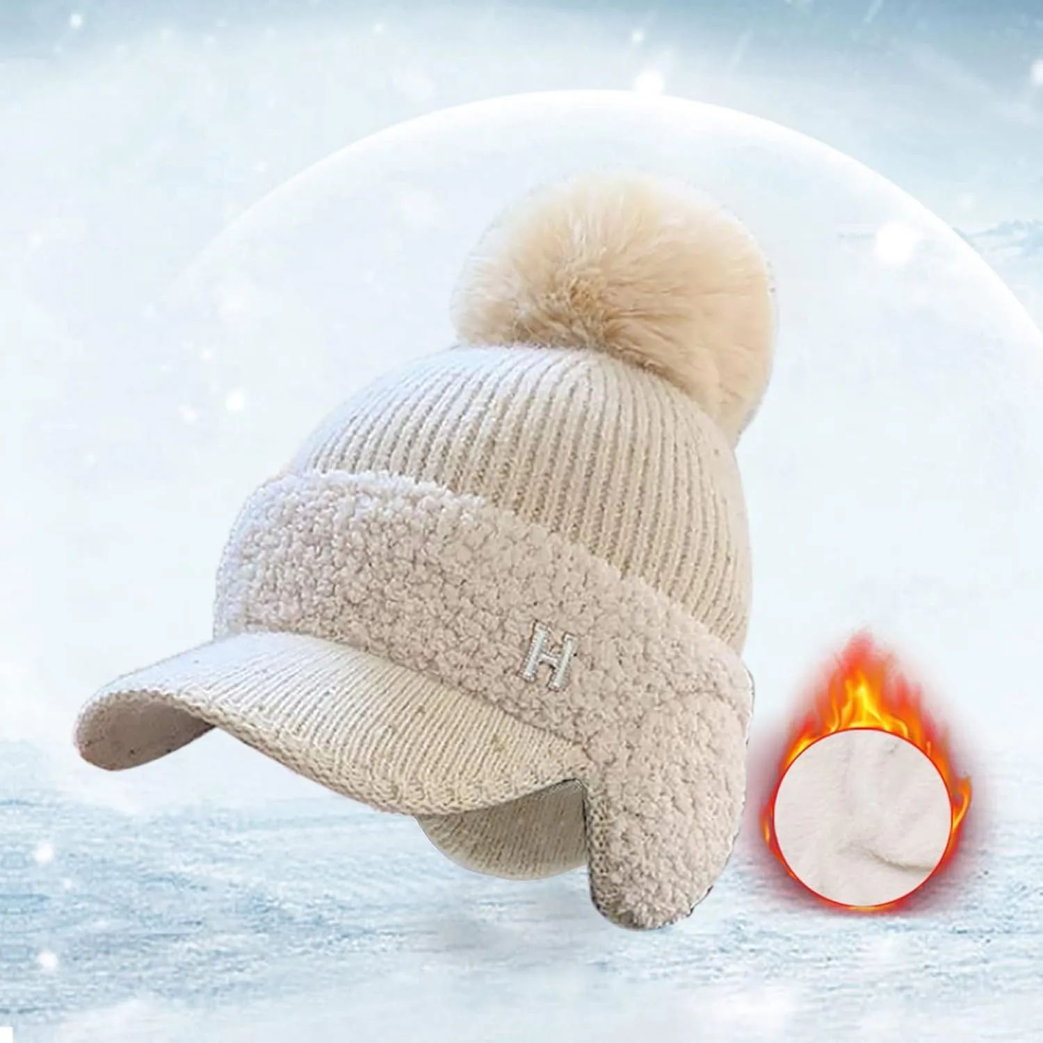 YOLAI Women Winter Bobble Hat with Pom Soft Warm Earflap Cap Knit Hat with Brim for Women Girls