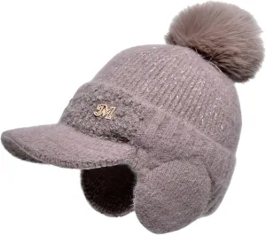 YOLAI Women Winter Bobble Hat with Pom Soft Warm Earflap Cap Knit Hat with Brim for Women Girls