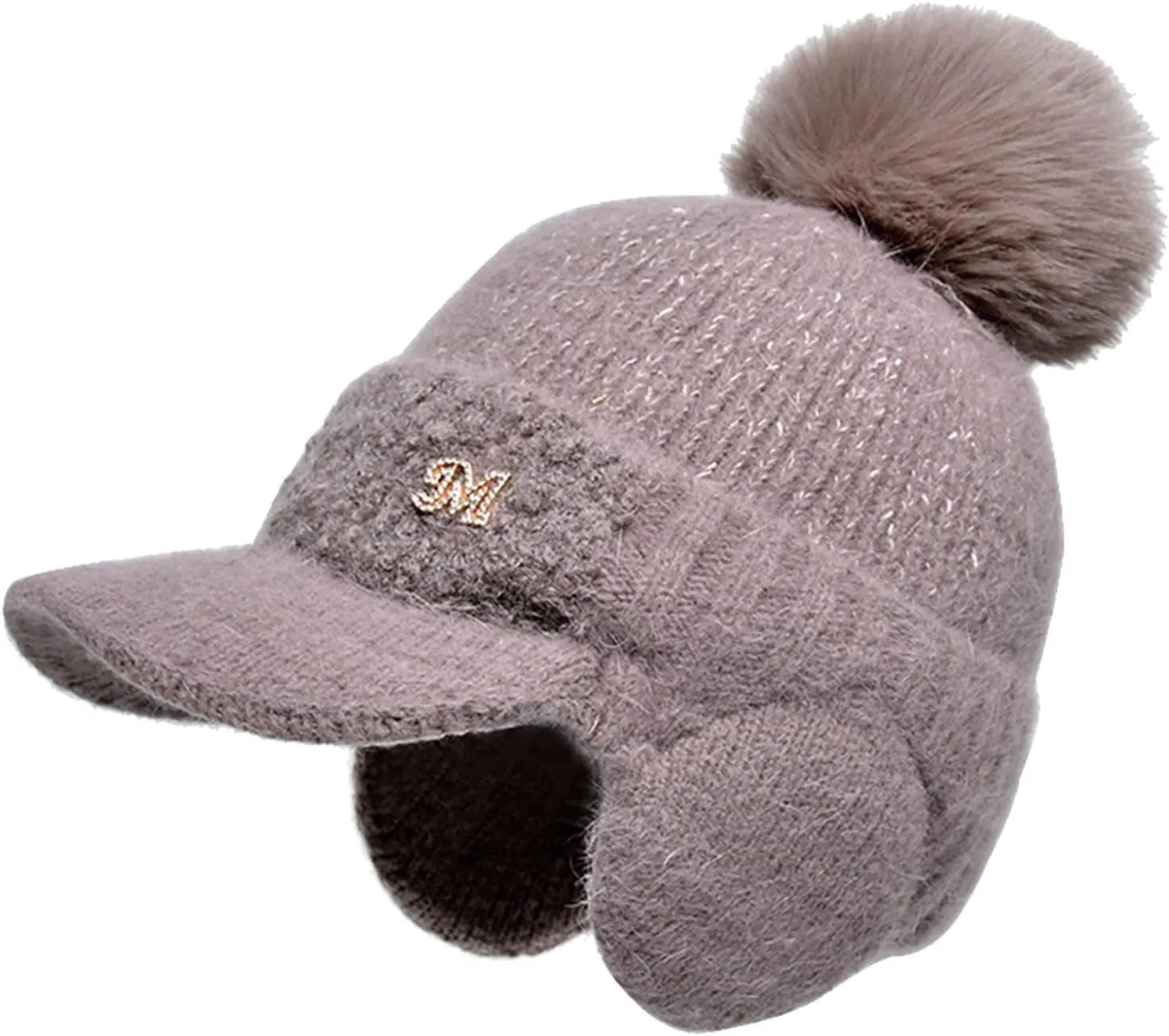 YOLAI Women Winter Bobble Hat with Pom Soft Warm Earflap Cap Knit Hat with Brim for Women Girls