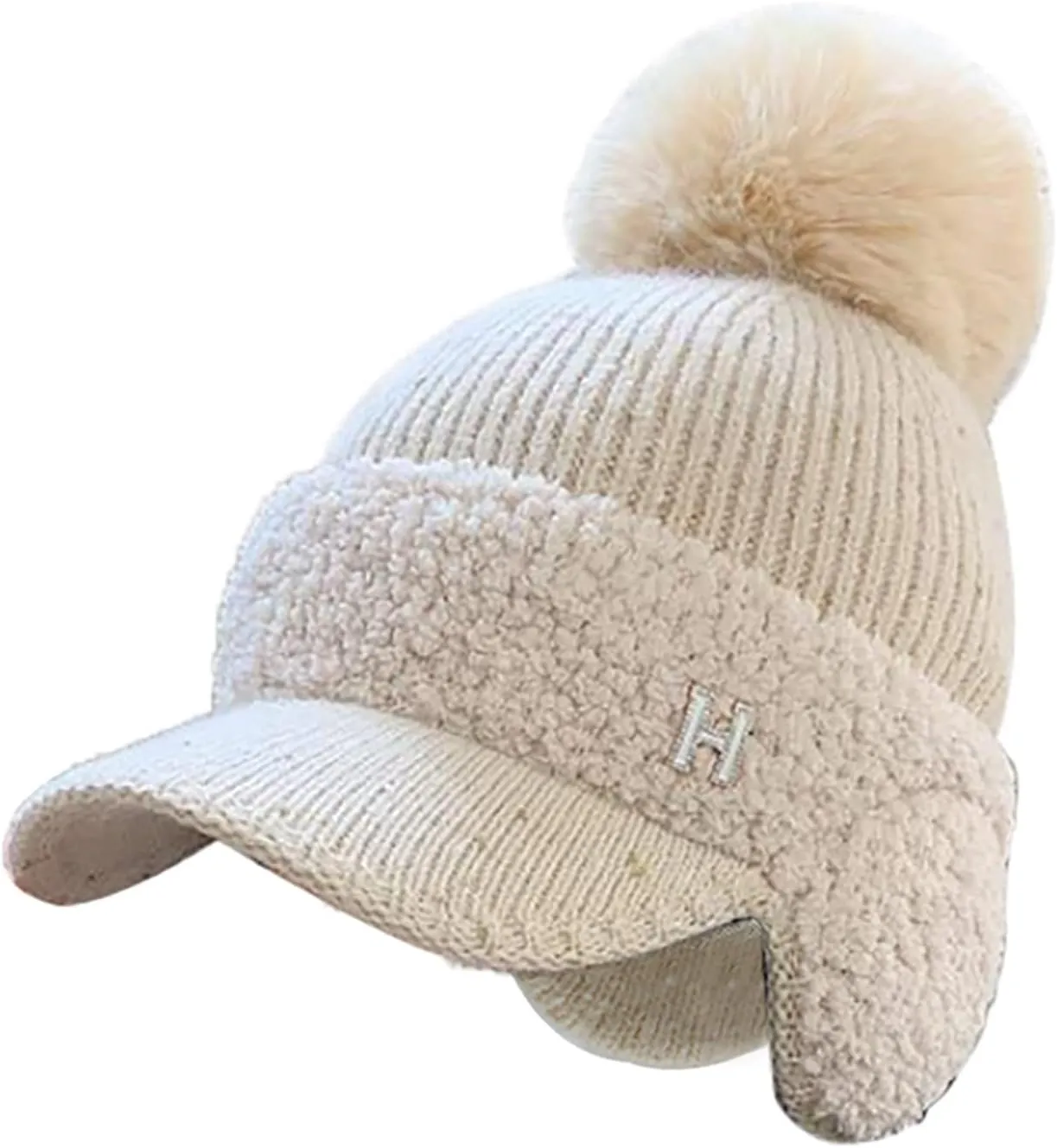 YOLAI Women Winter Bobble Hat with Pom Soft Warm Earflap Cap Knit Hat with Brim for Women Girls