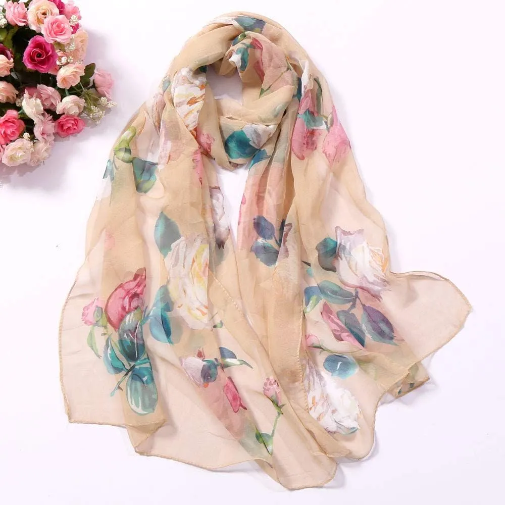 YOLAI Women'S Fashion Scarves Lightweight Floral Birds Print Cotton Silk Scarves And Wraps For Summer Shawl