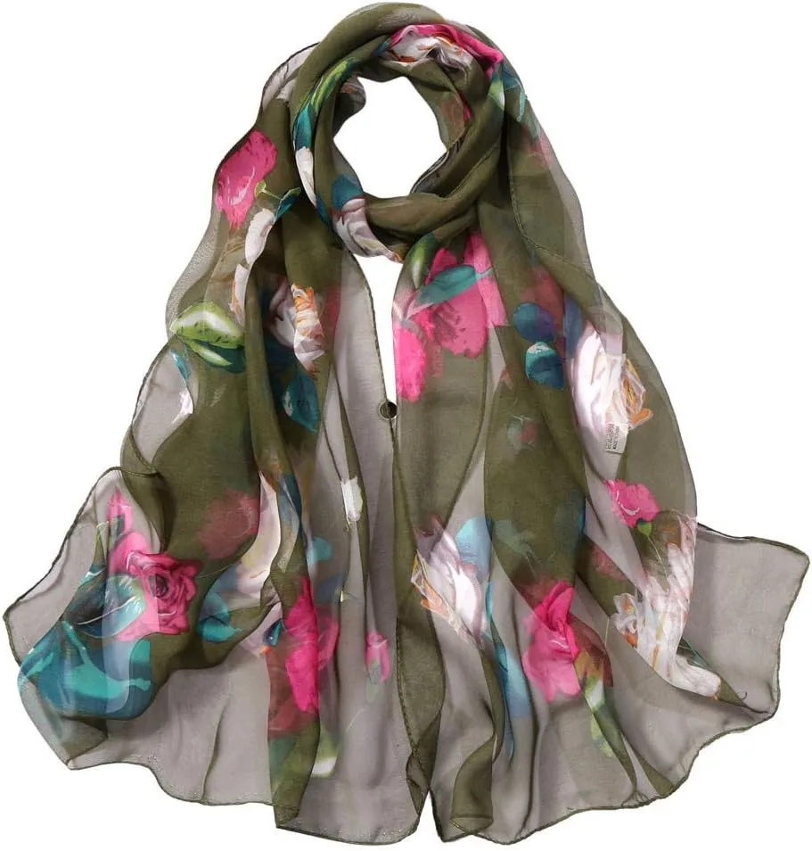 YOLAI Women'S Fashion Scarves Lightweight Floral Birds Print Cotton Silk Scarves And Wraps For Summer Shawl