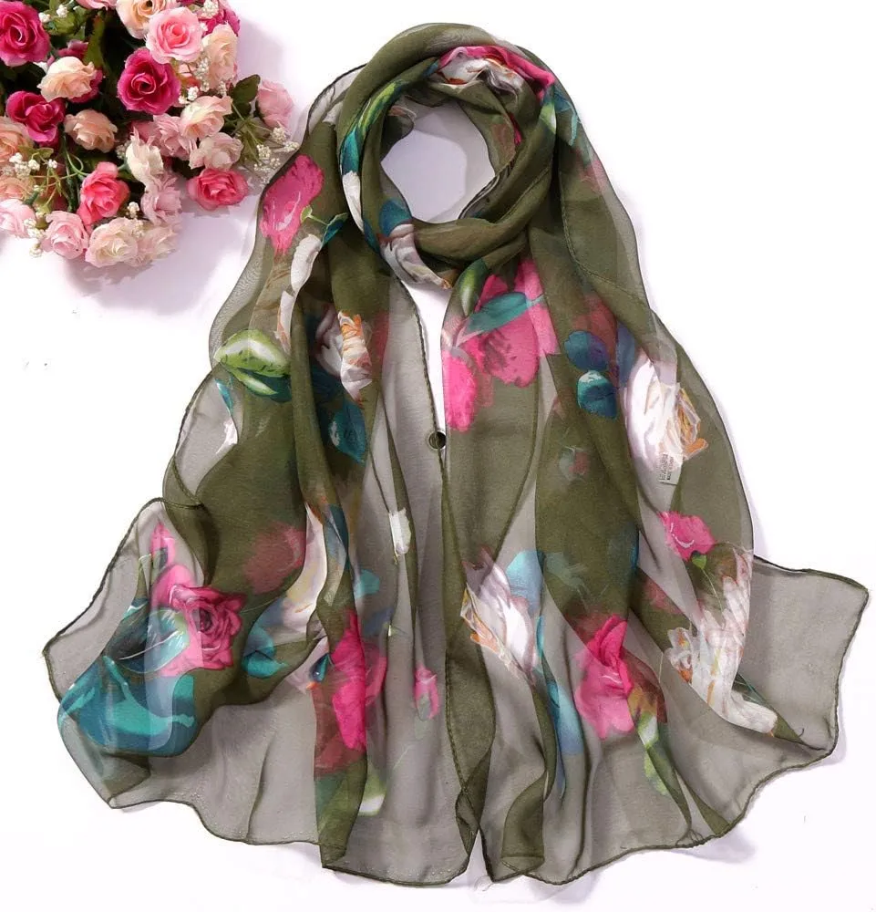 YOLAI Women'S Fashion Scarves Lightweight Floral Birds Print Cotton Silk Scarves And Wraps For Summer Shawl