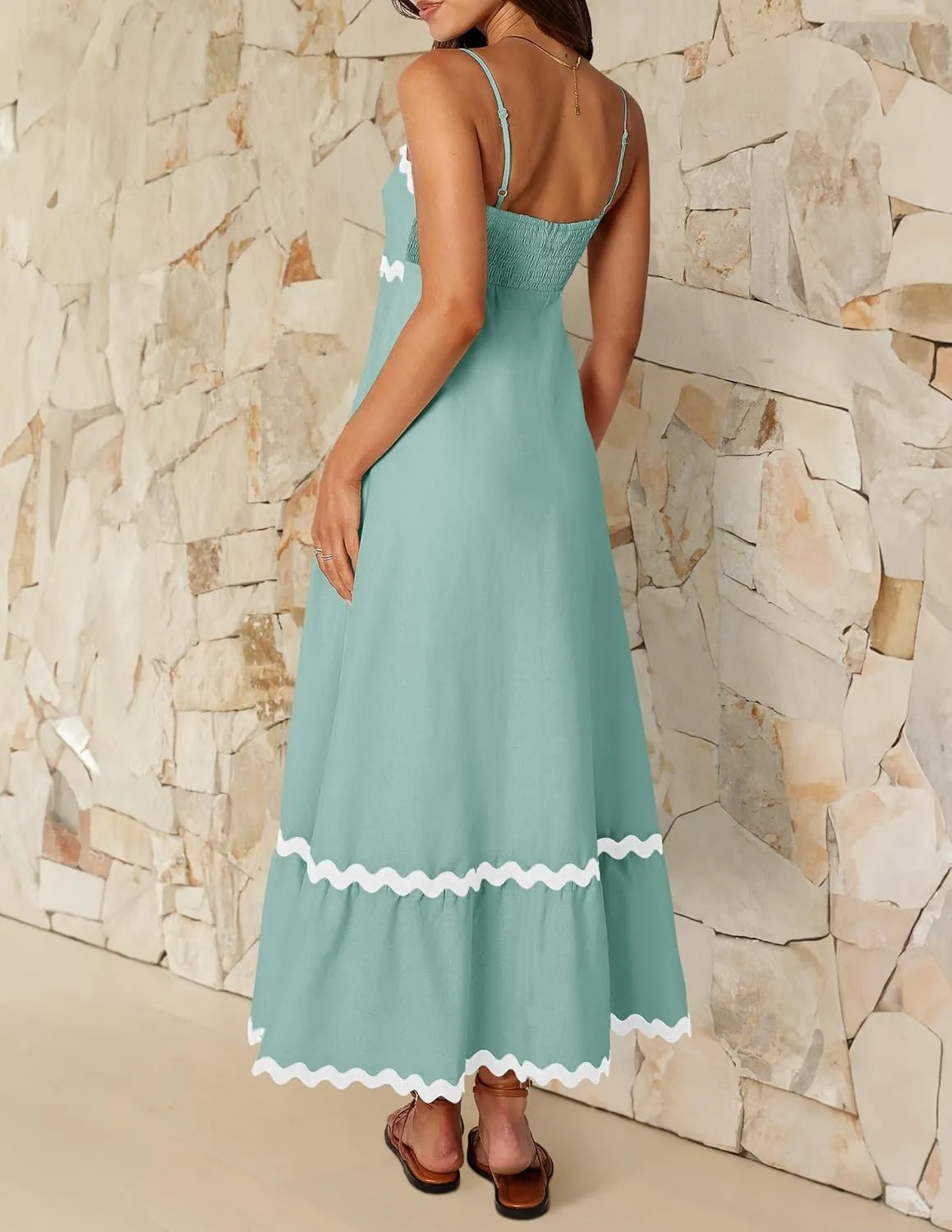 ZESICA Women's 2025 Summer Spaghetti Straps Sleeveless Backless Sundress Flowy Smocked Lace Swing A Line Midi Dress