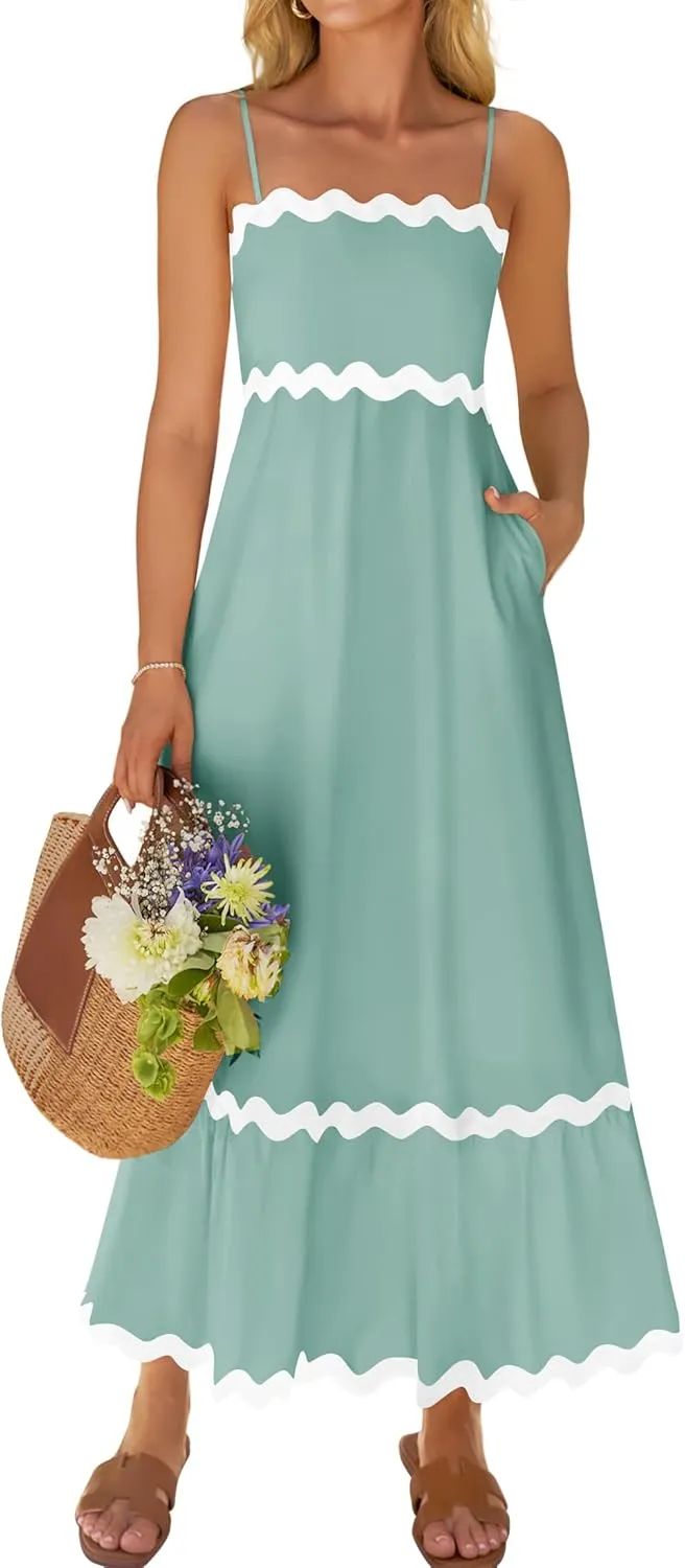 ZESICA Women's 2025 Summer Spaghetti Straps Sleeveless Backless Sundress Flowy Smocked Lace Swing A Line Midi Dress