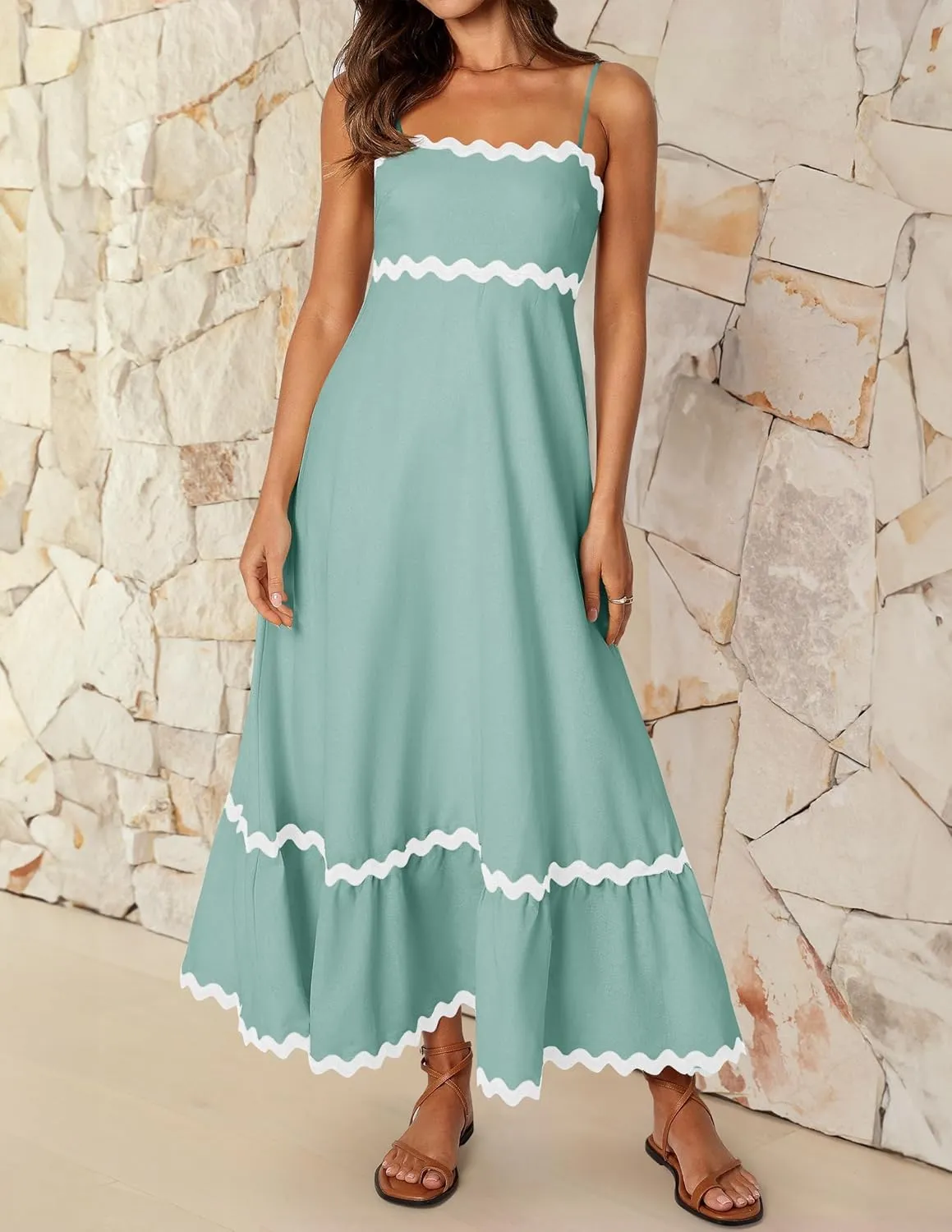 ZESICA Women's 2025 Summer Spaghetti Straps Sleeveless Backless Sundress Flowy Smocked Lace Swing A Line Midi Dress
