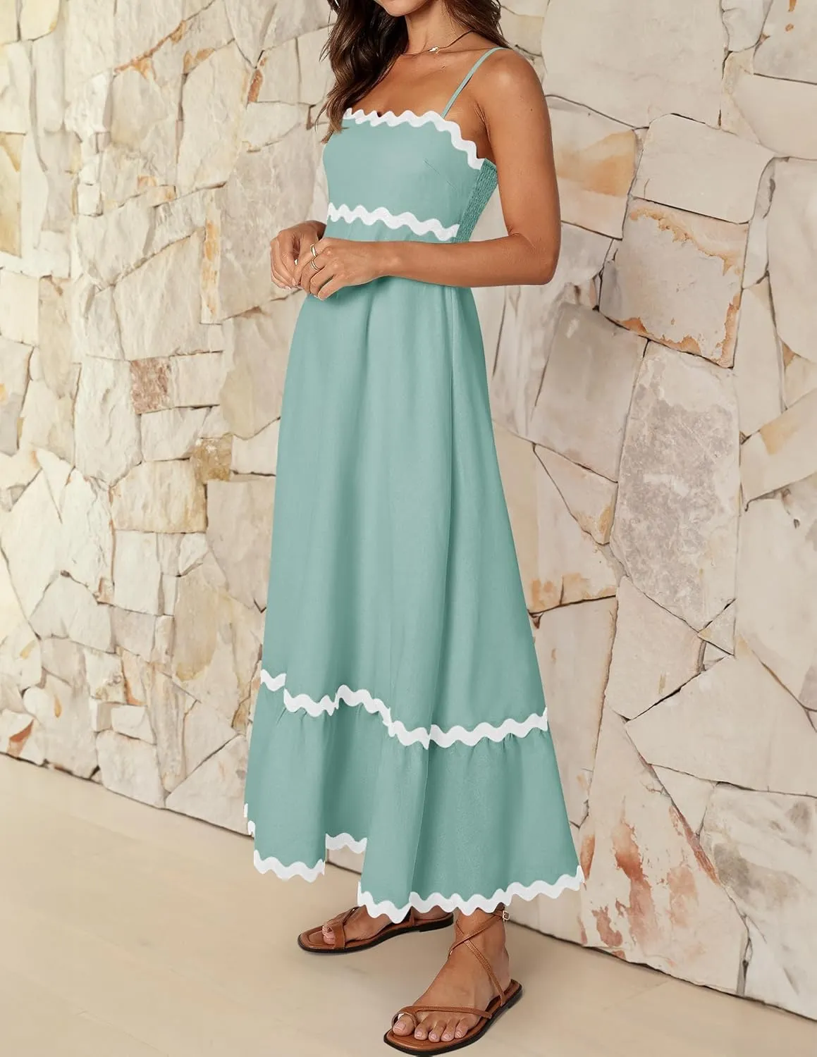 ZESICA Women's 2025 Summer Spaghetti Straps Sleeveless Backless Sundress Flowy Smocked Lace Swing A Line Midi Dress